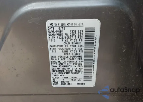 2012 Nissan Rogue Sv z USA, uszkodzony, nr VIN JN8AS5MT2CW613811